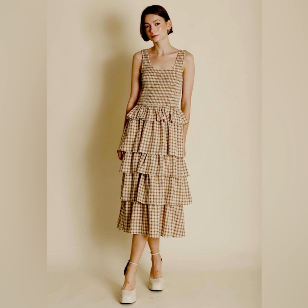 Aureum CELESTE Gingham Tiered Smock Midi Dress NWT ANTHROPOLOGIE